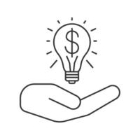 Open hand with light bulb and dollar sign linear icon. Business idea offer. Thin line illustration. Contour symbol. Vector isolated outline drawing