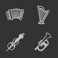 Musical instruments chalk icons set. Accordion, harp, violoncello, flugelhorn. Isolated vector chalkboard illustrations