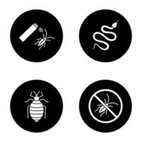 Pest control glyph icons set. Snake, bed bug, cockroach bait, stop roaches. Vector white silhouettes illustrations in black circles