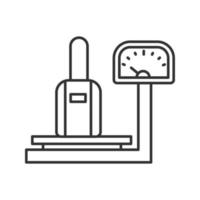 Baggage scales linear icon. Thin line illustration. Luggage weight checking. Contour symbol. Vector isolated outline drawing