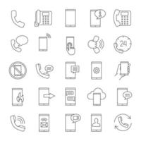 conjunto de iconos lineales de comunicación telefónica. llamadas de teléfonos inteligentes, mensajes, línea directa, computación en la nube móvil. símbolos de contorno de línea delgada. Ilustraciones de vectores aislados