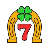 Lucky seven game color icon. Horseshoe and four leaf clover with number 7. Isolated vector illustration