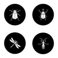 Insects glyph icons set. Chafer, hercules beetle, dragonfly, grasshopper. Vector white silhouettes illustrations in black circles