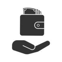 Open hand with wallet and money glyph icon. Silhouette symbol. Money saving. Negative space. Vector isolated illustration