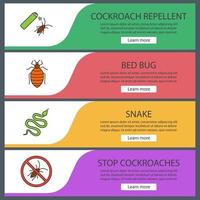 Pest control web banner templates set. Cockroach repellent, bed bug, snake, stop roaches. Website color menu items with linear icons. Vector headers design concepts
