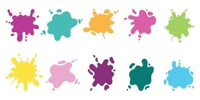Hand drawn set of color paint splashes. Different shapes of Paint splatter and drops, ink blobs. Vector illustration isolated on white background.