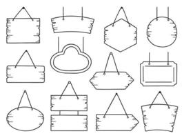 conjunto dibujado a mano de garabatos de letreros de madera. cartel o marco de puerta colgante, tablón de madera en estilo boceto. ilustración vectorial aislado sobre fondo blanco. vector