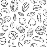 Hand drawn seamless pattern of nuts and seeds doodle.  Almond, hazelnut, pistachio, macadamia, cashew, walnut in sketch style.  Vector illustration