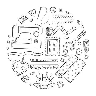 Hand drawn set of sewing and needlework doodle. Craft supplies and tools. Sewing machine, buttons, scissors, pin and thread spools. Vector illustration isolated on white background.