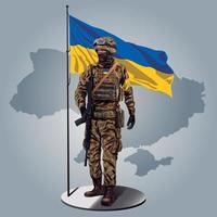 soldado ucraniano con bandera ucraniana y mapa detrás. vector