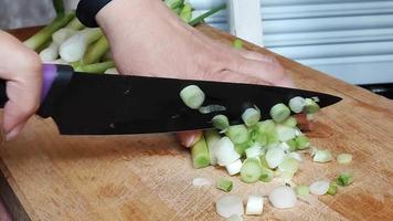 A woman cuts green onions on a wooden board video