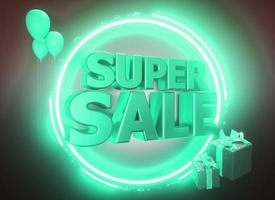 Super Sale Banner balloons neon light and red glossy text on black background. 3d render