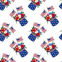 Vector 4th of July floral bouquet in patriotic top hats with green leaves, american flags. Great for holiday cards, 4th of July banners. Isolated on white background.