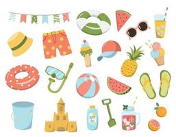 Summer kids beach collection. Cartoon recreation objects, beach clothes sunglasses ball slippers and drinks. Vector summer vacation set. Isolated on white background.