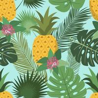 palmeras tropicales verdes de verano, hojas de monstera, piñas y flores sin costuras sobre un fondo de color. ilustración vectorial vector