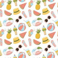 Cartoon summer kids pool party elements seamless pattern. Ice cream, drinks, fruits, inflatable rubber ring, ball. Great for wallpaper, print. Isolated on white background. vector
