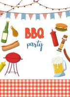 BBQ party invitation template. Summer Barbecue weekend flyer, banner or poster. Grill illustration with food and drinks. Design template for card, poster, announcement.