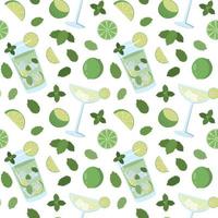 Mojito cocktail with mint leaves, and lime. Cartoon summer seamless pattern. Isolated on a white background. Design for paper, wallpaper, textile, and packaging. vector