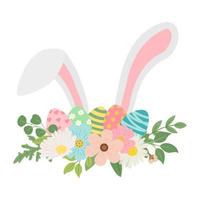 tema de pascua con huevos en las flores, hojas y orejas de conejo. aislado sobre fondo blanco y un conejo blanco detrás de los huevos. diseño de vacaciones y tarjeta de felicitación. vector