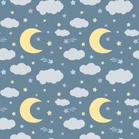 Cartoon boho pastel moon and stars seamless pattern on dark background. Design for baby bedroom, textile, wallpaper, fabric. vector