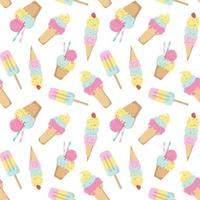 Cartoon colorful tasty ice cream in pastel colors seamless pattern. Isolated on white background. Design with frozen creamy desserts, waffles cones. Sundae ice scoops vector texture, holiday paper