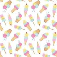 Cartoon colorful tasty ice cream in pastel colors seamless pattern. Isolated on white background. Design with frozen creamy desserts, waffles cones. Sundae ice scoops vector texture, holiday paper