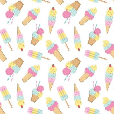 Cartoon colorful tasty ice cream in pastel colors seamless pattern. Isolated on white background. Design with frozen creamy desserts, waffles cones. Sundae ice scoops vector texture, holiday paper