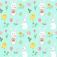 Spring easter seamless pattern. Repeat texture with bunny, chick, eggs and flowers on bright background. For greeting cards, wrappings, fabrics. vector