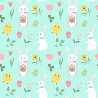 Spring easter seamless pattern. Repeat texture with bunny, chick, eggs and flowers on bright background. For greeting cards, wrappings, fabrics. vector