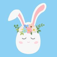 Easter egg with rabbit ears, pastel flowers and green leaves on blue background, vector illustration. Happy Easter holiday banner template.