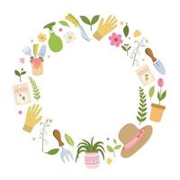 Round wreath, frame with garden tools, clothes, flowers, plants. Isolated on white background. Gardening equipment banner or party invitation framed in circle. Cute spring wreath card template vector