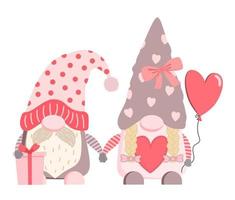 Cute cartoon Valentine gnomes in hats with gift and heart shaped balloon. Vector festive illustration. Isolated on white background.