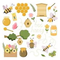 Cute honey bees set clipart. Hand drawn bee honey elements, butterflies. Hive honeycomb, jars, pot, stick. Honey design. Vector illustration.