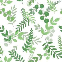 Hand drawn cartoon greenery seamless pattern. Isolated on white background. Forest branches and leaves. vector