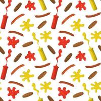 Cartoon flat sausages, burger patties, mustard and ketchup in plastic bottles seamless pattern. Isolated on a white background. Design for wrapping, party decoration.