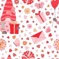 Cartoon romantic Valentine day gnome girl with balloon, gift boxes, envelopes seamless pattern. Isolated on white background. Festive design. vector