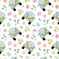 Easter seamless pattern with holiday dwarves on truck, colorful flowers, leaves, color eggs. Vector illustration in cartoon style. Isolated on white background. Festive wrapping paper design.