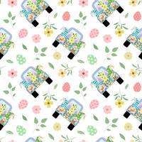 Easter seamless pattern with holiday dwarves on truck, colorful flowers, leaves, color eggs. Vector illustration in cartoon style. Isolated on white background. Festive wrapping paper design.