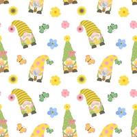 Spring gardening seamless pattern with colorful dwarfs, flowers, garden tools. Vector illustration in cartoon style. Isolated on white background.