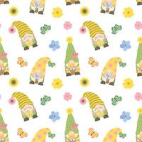 Spring gardening seamless pattern with colorful dwarfs, flowers, garden tools. Vector illustration in cartoon style. Isolated on white background.