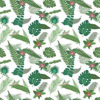 Tropical floral seamless pattern with jungle plants, flowers, palm leaves. Rainforest hawaiian wallpaper. Summer vector illustration.