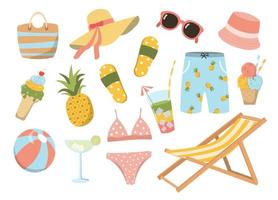 lindo conjunto de verano elementos de vacaciones en la playa. cócteles, silla sling, ropa de baño, gafas de sol. aislado sobre fondo blanco. imágenes prediseñadas vectoriales. genial para banner de verano, impresión, scrapbooking, pegatinas. vector