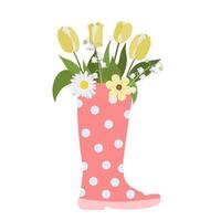 Pink polka dot rubber boots with flowers on a white background. Romantic theme. Isolated on white background. Composition for design. Greeting card, postcard, poster vector