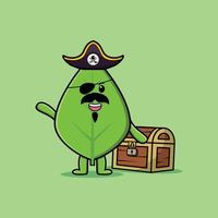 Cute cartoon Green leaf pirate with treasure box vector