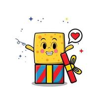 Cute cartoon cheese coming out from big gift box vector