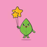 Cute cartoon green leaf floating with star balloon vector