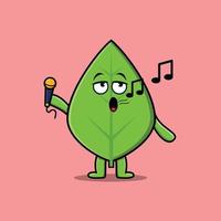 Cute cartoon green leaf singer holding mic vector