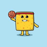 lindo personaje de queso de dibujos animados jugando baloncesto vector