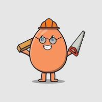 Cute cartoon brown cute egg as carpenter with saw vector