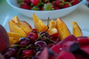 Peaches and plums close-up on a plate photo